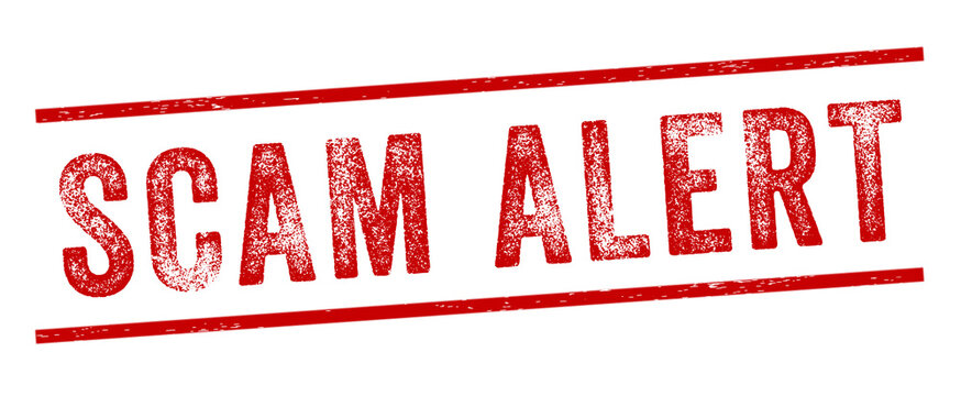 Scam Alert Red Watermark Stamp isolated on white background. Text caption between parallel lines with grunge design style. Transparent background.
