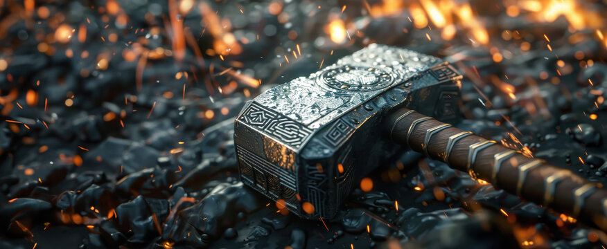 Mjolnir hammer of Thor, laying on black rocks covered in embers and sparks