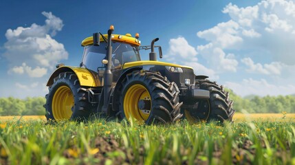 Obraz premium Tractor spraying pesticides on soybean field with sprayer at spring