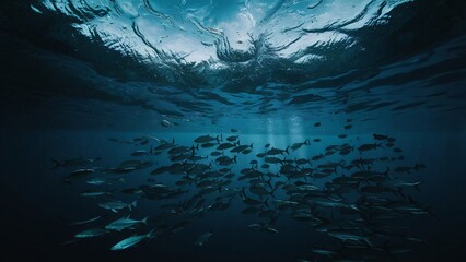 A stunning underwater scene, showcasing the deep, dark blue ocean surface from a unique perspective