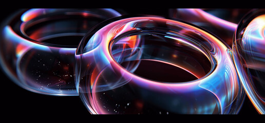 3D Render of Abstract Iridescent Glass Rings on Black Background, Minimalist Texture and Fashion Concept Art in High Resolution