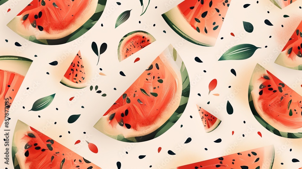 Poster A close-up shot of watermelon slices arranged on a white background. The slices are various sizes and show seeds and green rind. Generative AI