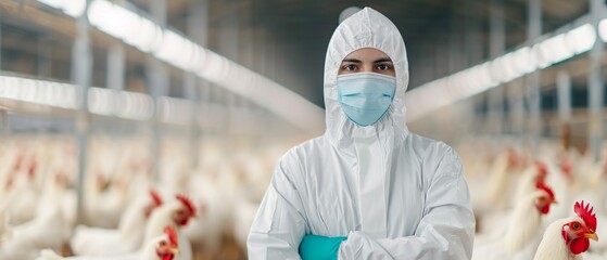 Worker in fullbody protective gear handling farm chickens, white suit, mask, and gloves, surrounded by poultry, farm setting, realistic and detailed, biosafety measures