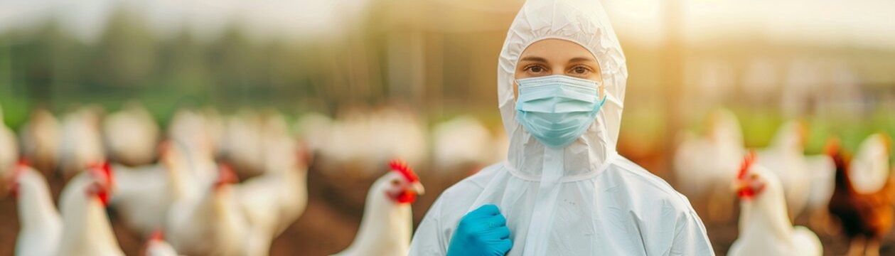 Individual in protective white suit and mask managing chickens on a farm, blue gloves, hens in the foreground, rustic backdrop, high clarity, biosecurity practice