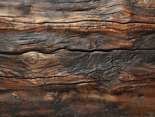 Naklejka premium Close-up of Dark Brown Weathered Woodgrain Texture with Knots and Cracks