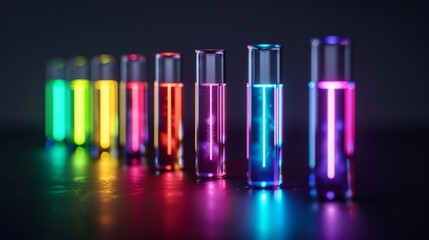 Row of glass test tubes with vividly colored liquids, vibrant red, yellow, green, blue, and purple, suspended droplets, dark background, high detail, glowing and sharp