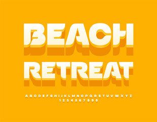 Vector travel poster Beach Retreat. Sunny White 3D Font. Creative set of Alphabet Letters and Numbers.