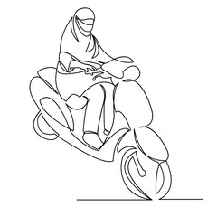 continuous single drawn one-line Muslim woman edging on a bike hand-drawn picture silhouette. Line art. the modern Muslim woman is the father of a scooter