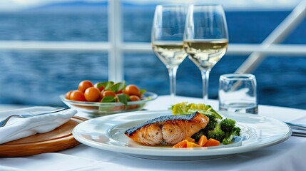 A plate of grilled salmon and white wine enjoyed on a cruise ship with a stunning ocean view at sunset