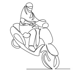 continuous single drawn one-line Muslim woman edging on a bike hand-drawn picture silhouette. Line art. the modern Muslim woman is the father of a scooter