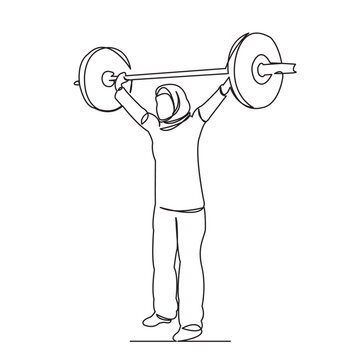 recommend clip art: continuous single drawn one line Muslim woman raises a bar drawn from a hand picture silhouette. Line art. Muslim woman Powerlifting, female athlete