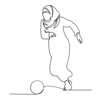 recommend clip art: continuous single drawn one line woman muslim playing soccer hand-drawn picture silhouette. Line art. character modern Muslim woman playing football