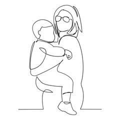 continuous single drawn one line with a child on hands painted by hand picture silhouette. Line art. character mommy with a baby in his arms for a walk