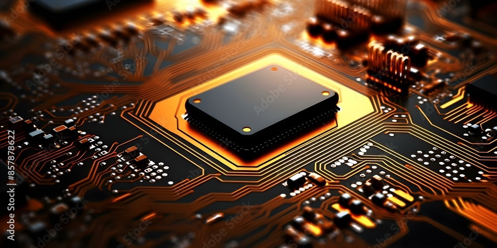 Poster detailed closeup of computer circuit board ideal for technology or electronics projects. concept tec