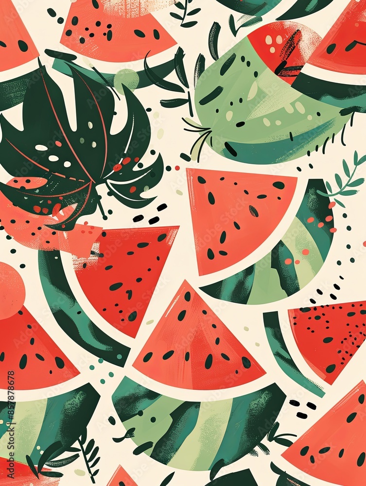 Poster a close-up of a pattern featuring watercolor-style watermelon slices with black seeds and green rind