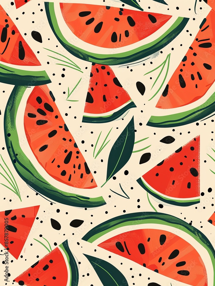 Poster a close-up photo of red watermelon slices with green rinds and black seeds on a light background. ge