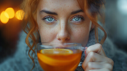 Young woman relaxing tea cup on hand. Good morning Tea or Have a happy day message concept. woman drinking hot tea with lemon at home