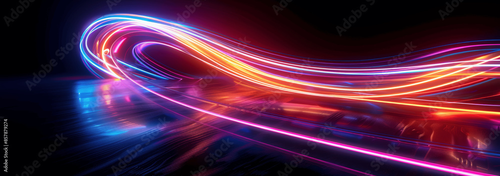 Poster dynamic neon light trails on black background with glowing effect and floor reflection