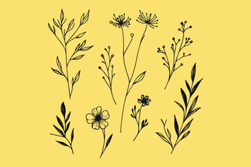 Fototapeta premium single continuous line flowers, leaves. Art floral elements.