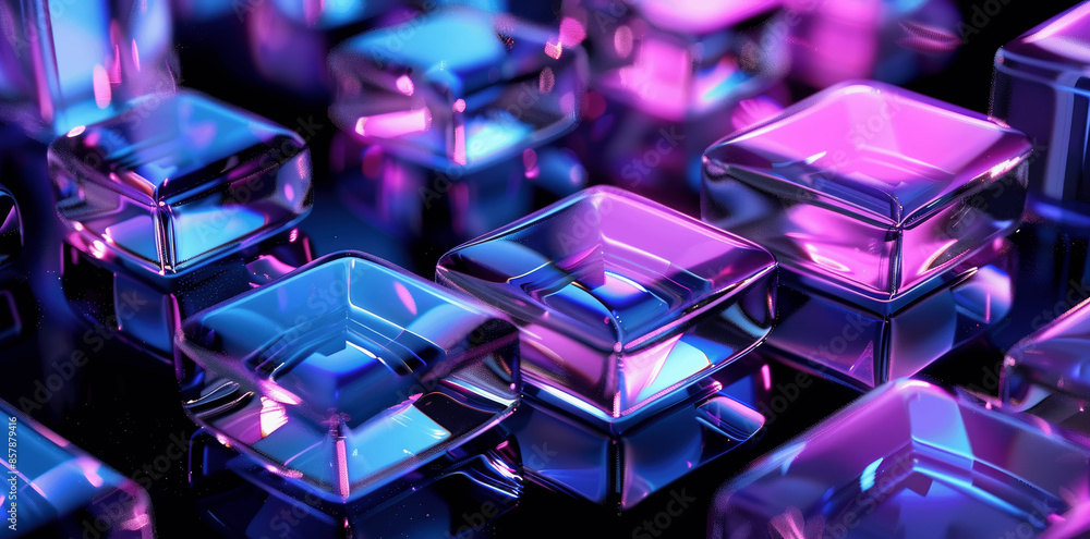 Poster luxury 3d render of abstract geometric blocks with blue and purple shapes on dark background