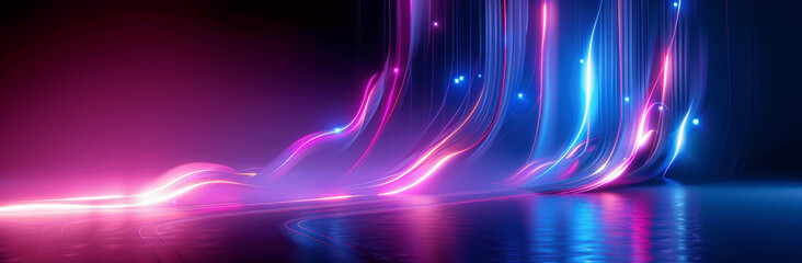 3D Render Abstract Neon Light Waves Pink Blue Purple Curved Motion Fluorescent Glow Reflection Dark Room Virtual Dynamic Ribbon Panoramic Digital Energy Futuristic Wallpaper