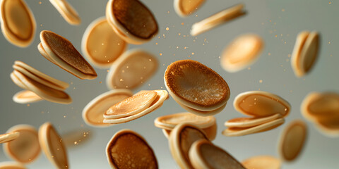 Obraz premium Creative food Concept. Many pancake pancakes waffle batter dessert flying drop falling on grey background. copy text space