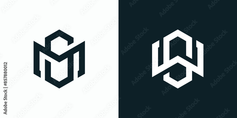 Poster vector logo design of the initials sm and sw letters in a hexagon shape with a modern, simple, clean