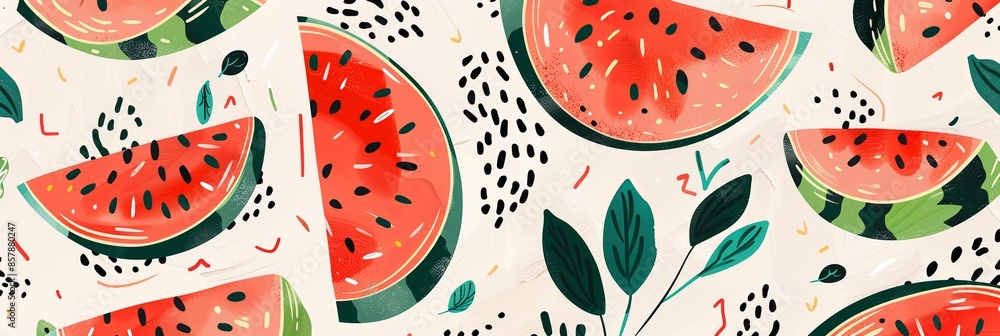 Leinwandbilder A close-up of a pattern featuring multiple slices of watermelon with green rinds and black seeds, on a light background with green leaves and black dots. Generative AI