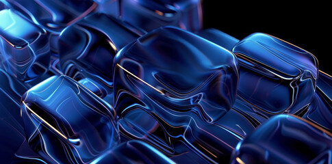 Futuristic 3D Render of Blue Abstract Geometric Shapes with Neon Lighting on Black Background