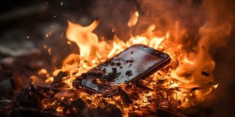 Smartphone fire and destruction caused by overcharged battery explosion. Concept Fire Safety, Smartphone Explosion, Overcharging Risks, Battery Safety, Tech Hazards