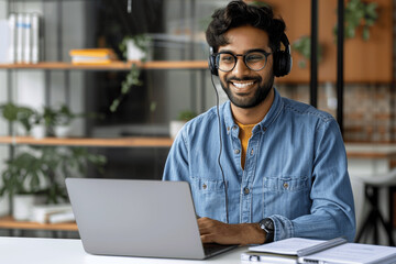 Fototapeta premium Smiling Indian businessman with headset using laptop for video call in modern office talking to customer service in virtual meeting telemarketer working online