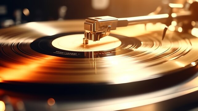 Turntable arm on golden Vinyl record rotating in a macro shot.