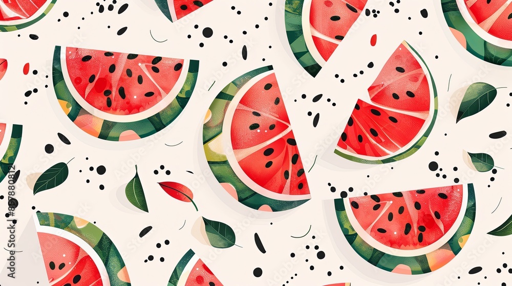 Poster a close-up image of bright red watermelon slices arranged on a white background. each slice features