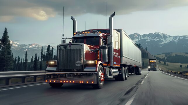 Industrial long hauler big rig black semi truck tractor with truck driver sleeping compartment transporting cargo in dry van semi trailer driving on the straight wide highway