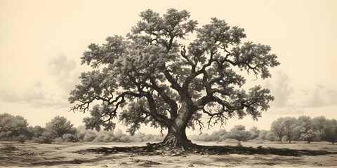 Vintage Style Woodcut Engraving Sketch of an Oak Tree. Concept Outdoors, Vintage, Woodcut, Engraving, Oak Tree
