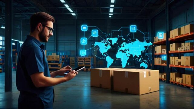 A man in glasses is standing in a warehouse, holding a tablet. There is a world map with glowing dots in the background.