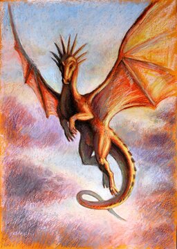 Flying dragon at sunset. Illustration done in pastels on an orange background. 