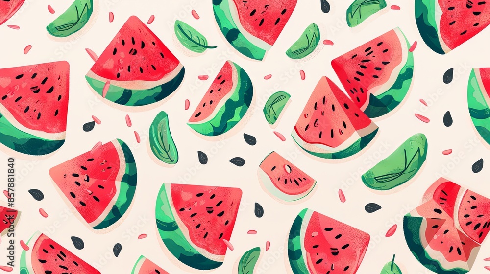 Poster a digital illustration of various-sized watermelon slices with black seeds and green rinds on a ligh