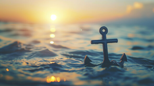 Cross-Shaped Anchor Floating over Sunrise Sea Surface