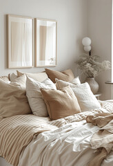 Minimalist Cozy Bedroom Interior with Beige Striped Bedding and Decorative Frame