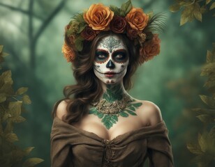 Fototapeta premium attractive woman with day of the dead makeup, forest style