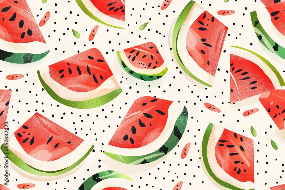 Poster A close-up image of red watermelon slices with black seeds and green rind on a white background with scattered black dots. Generative AI