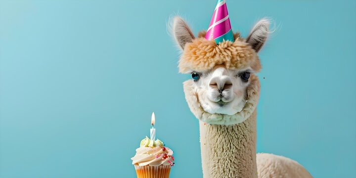 Alpaca in a party hat with cupcake and candle on blue background. Concept Alpaca, Party Hat, Cupcake, Candle, Blue Background
