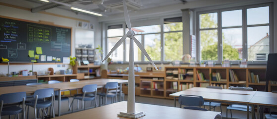 A classroom with a model of a wind turbine. Classroom Model