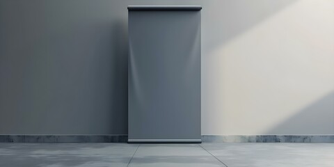 3D rendering of a blank gray rollup banner on light background. Concept 3D Rendering, Gray Rollup Banner, Light Background