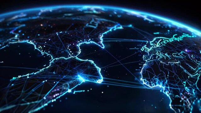 A dark blue globe of the Earth with glowing blue and purple lines showing connections between major cities.