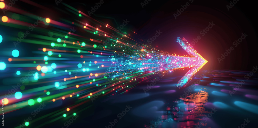 Poster abstract 3d neon arrow with glowing colorful lines and bokeh lights on black background for futurist