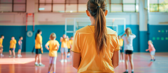 teacher female instructing children in modern school sport