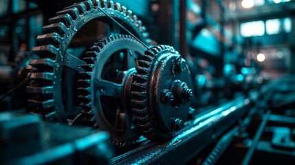 Fototapeta premium High-contrast image of shiny metal gear wheels in a dark industrial environment