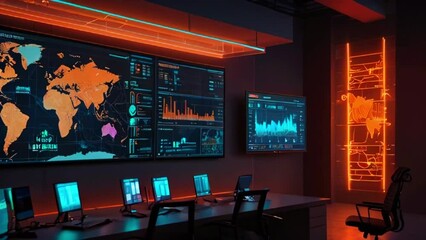 This is a futuristic control room scene. There are several computer monitors on the walls displaying graphs, charts, and a world map. There are also several workstations with computers on them. - Powered by Adobe